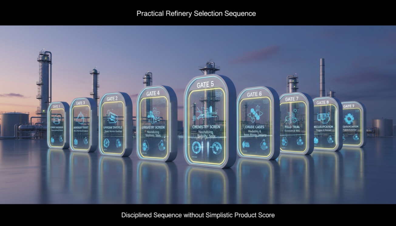 Practical refinery neutralizer selection sequence from crude evaluation through field trial and requalification